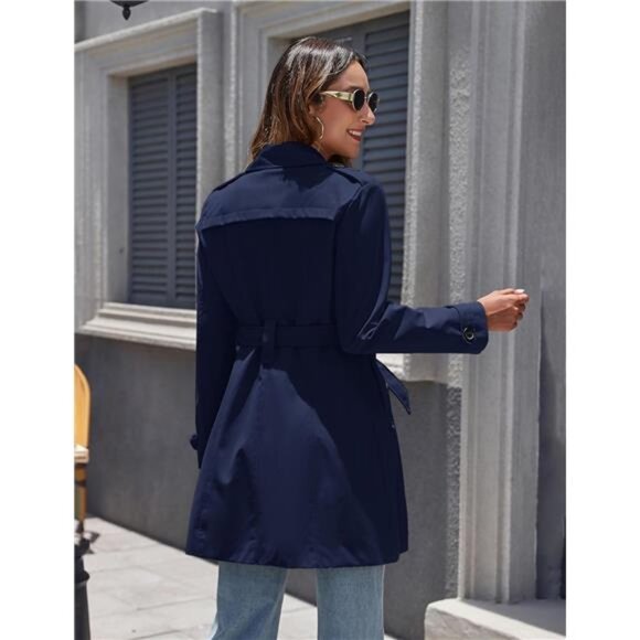 Women's Trench Coat Classic with Belt Navy Blue - Picture 2 of 6